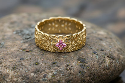 vkngjewelry Ring Gold Triquetra Wedding Ring with Garnet, Handmade Viking Jewelry