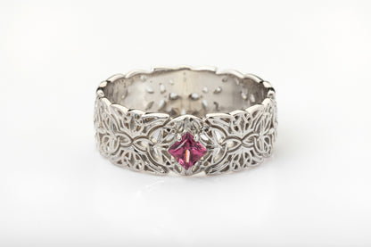 vkngjewelry Ring Gold Triquetra Wedding Ring with Garnet, Handmade Viking Jewelry