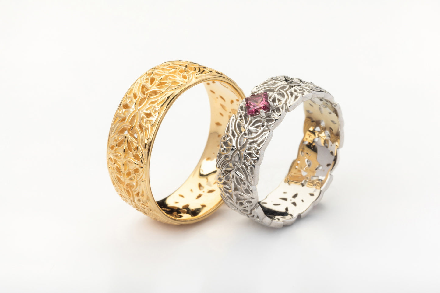 vkngjewelry Ring Gold Triquetra Wedding Ring with Garnet, Handmade Viking Jewelry