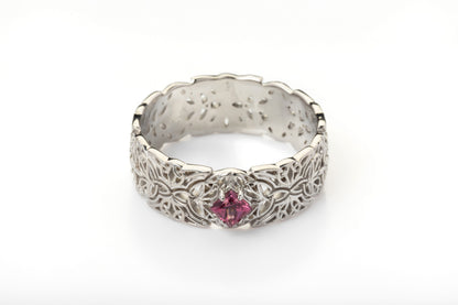 vkngjewelry Ring Gold Triquetra Wedding Ring with Garnet, Handmade Viking Jewelry