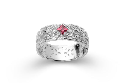 vkngjewelry Ring Gold Triquetra Wedding Ring with Garnet, Handmade Viking Jewelry