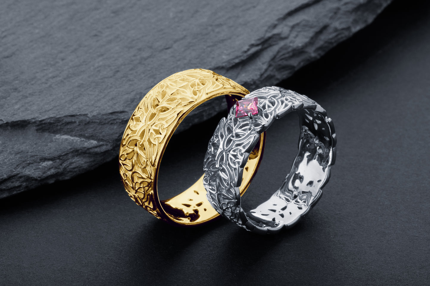 vkngjewelry Ring Gold Triquetra Wedding Ring with Garnet, Handmade Viking Jewelry