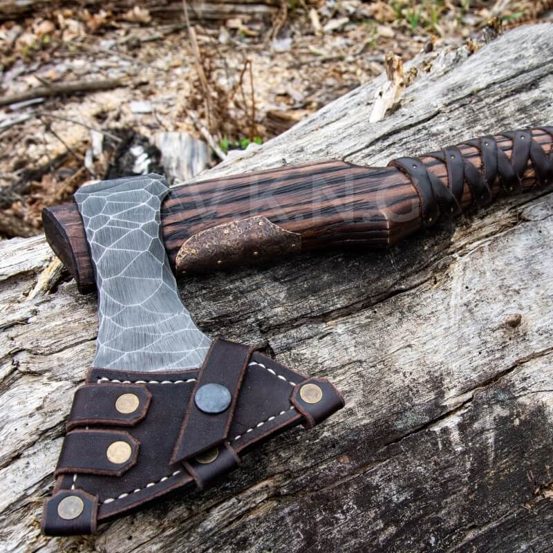 vkngjewelry hache Hand Forged Viking Axe "Veles" With Leather Wrap On The Handle