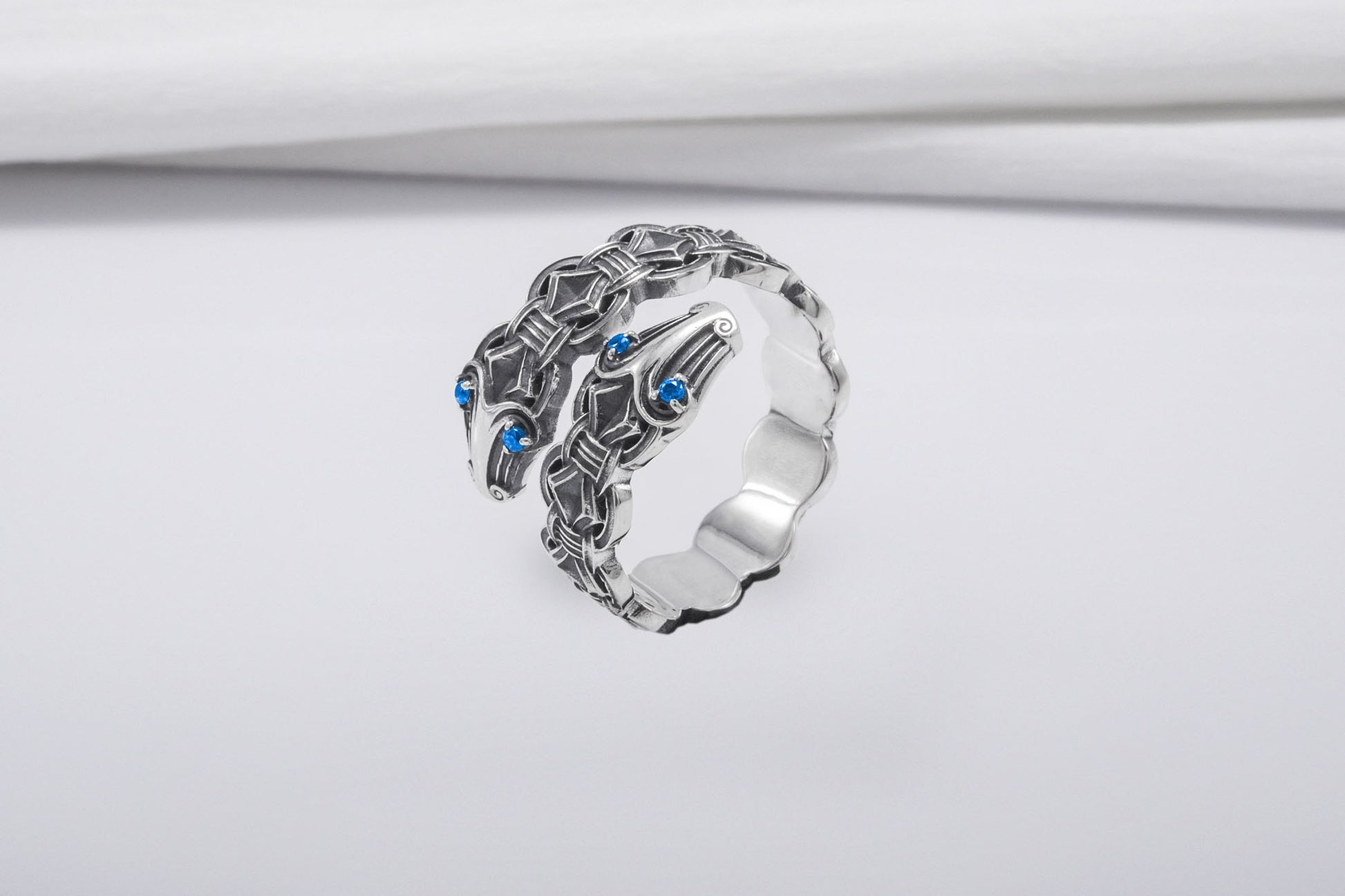 vkngjewelry Ring Handcrafted Double-Headed Snake Silver Ring, Norse Serpent Band