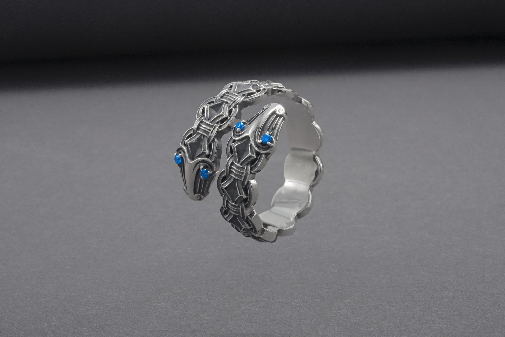 vkngjewelry Ring Handcrafted Double-Headed Snake Silver Ring, Norse Serpent Band