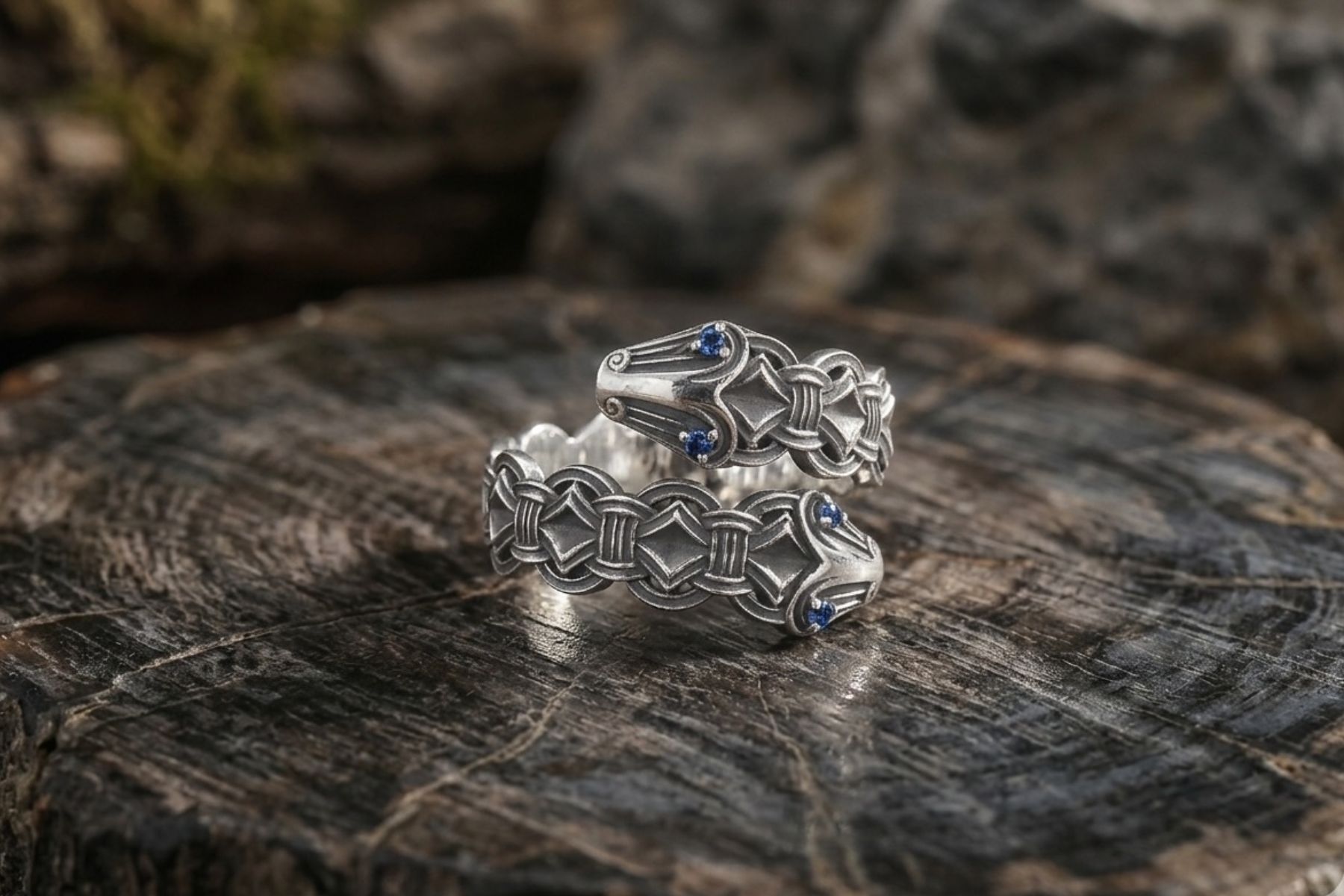 vkngjewelry Ring Handcrafted Double-Headed Snake Silver Ring, Norse Serpent Band