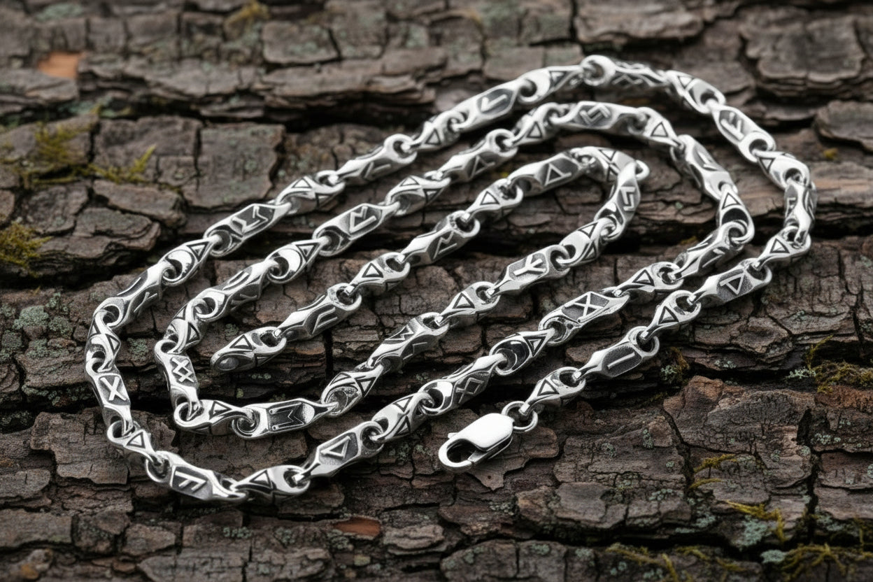 vkngjewelry Pendant 925 Sterling Silver Elder Futhark Rune Chain, Protective Rune Amulet