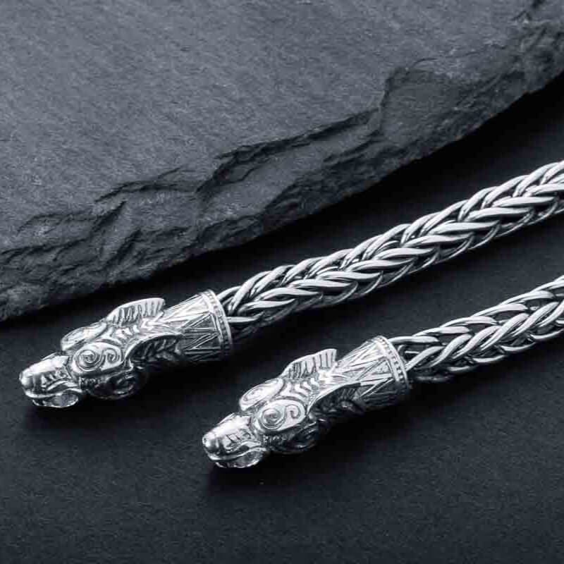 vkngjewelry Pendant Handcrafted Sterling Silver Wheat Chain with Wolf Head Tips,Norse Jewelry
