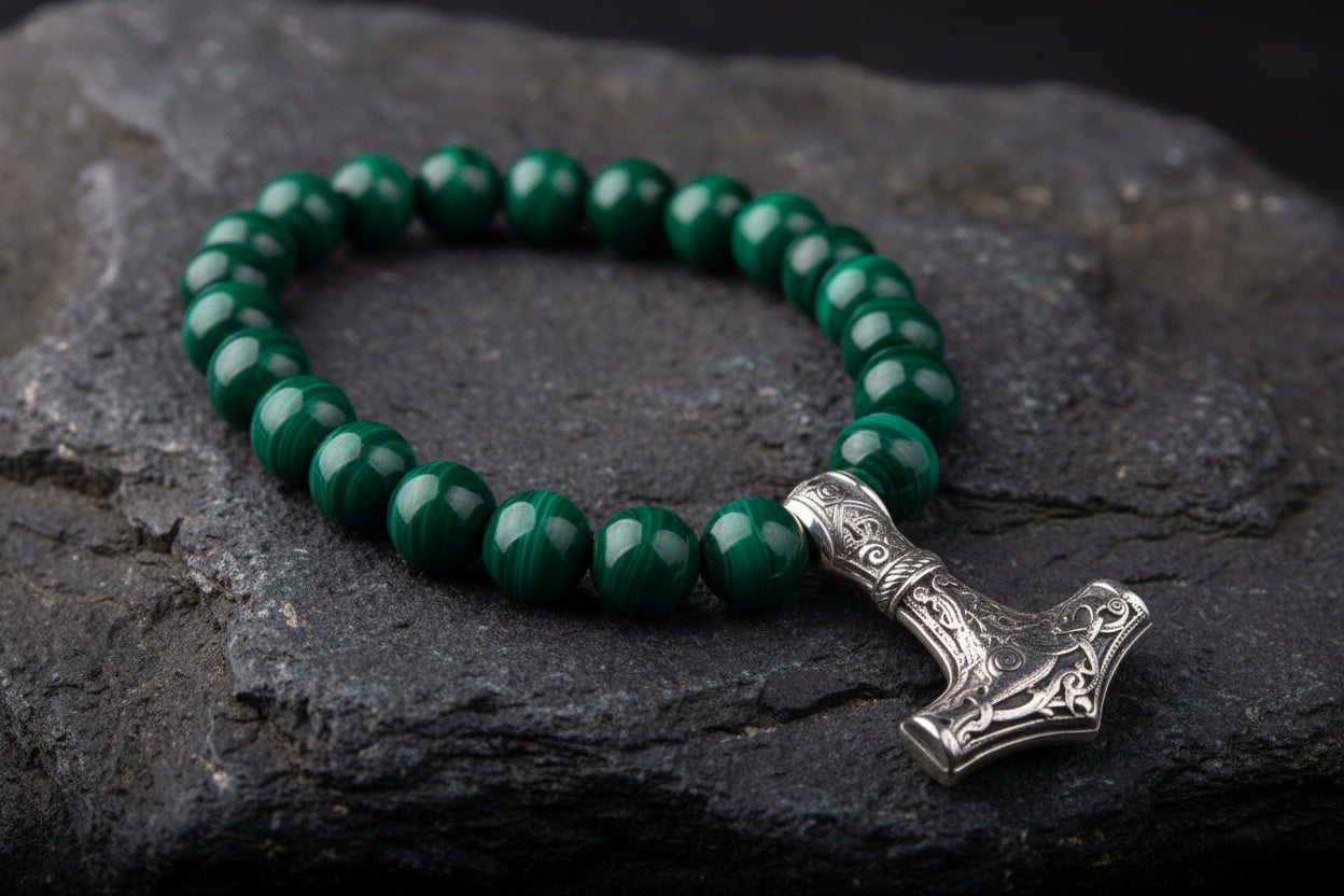 vkngjewelry Bracelet Handcrafted Viking Bracelet In Malachite With Mjolnir