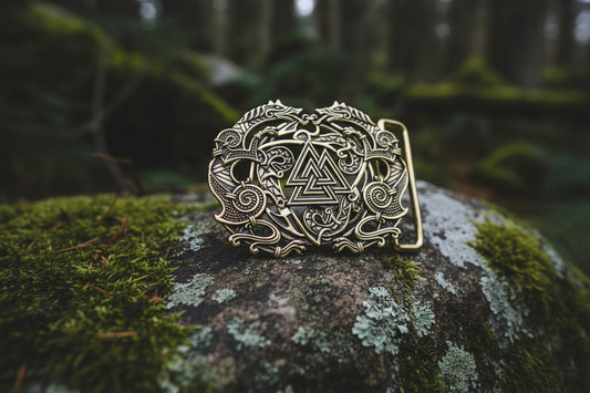 vkngjewelry Belt Handcrafted Viking Wolves Brass Belt Buckle with Valknut