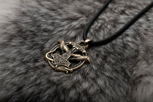 vkngjewelry Pendant Handmade Brass Thor’s Hammer Pendant with Huginn and Muninn Ravens