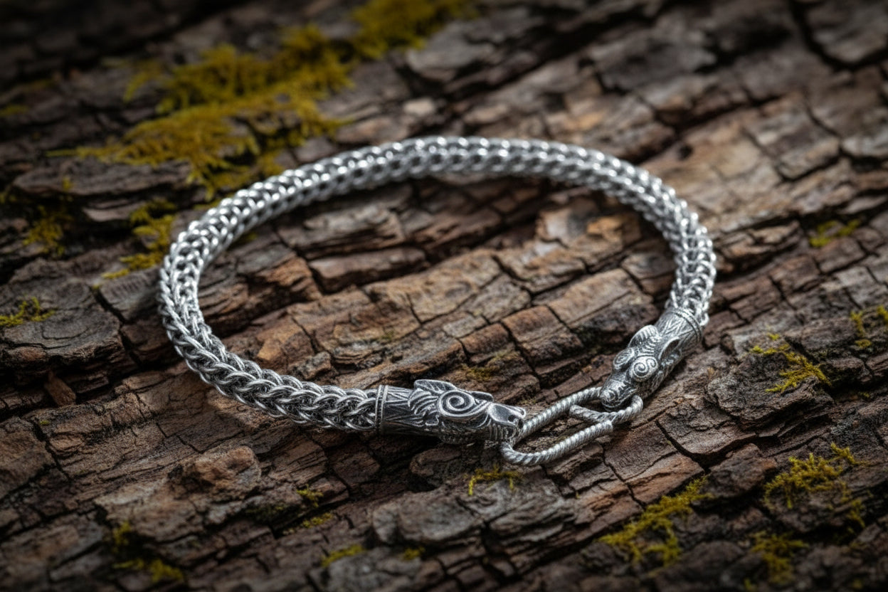 vkngjewelry Bracelet Handmade Sterling Silver Wolf Heads Bracelet