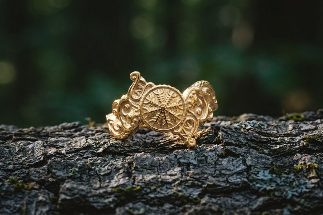 vkngjewelry Ring Handcrafted Helm of Awe Symbol and Wolf Ornament Gold Ring