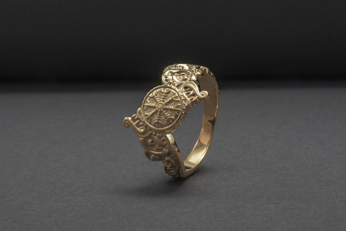 vkngjewelry Ring Handcrafted Helm of Awe Symbol and Wolf Ornament Gold Ring