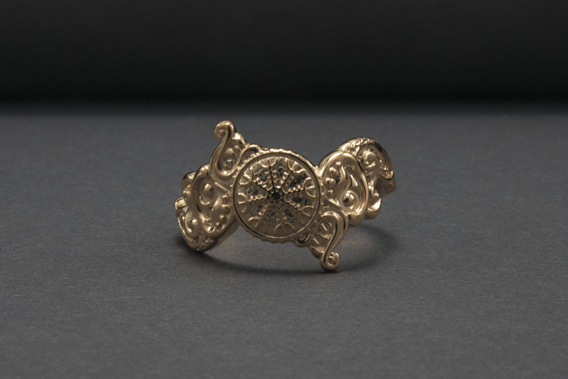 vkngjewelry Ring Handcrafted Helm of Awe Symbol and Wolf Ornament Gold Ring