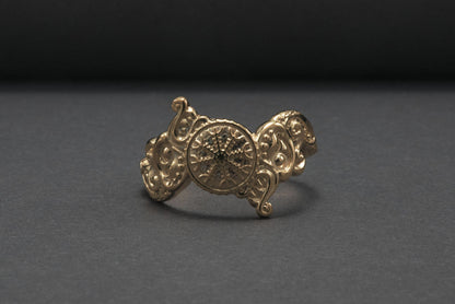 vkngjewelry Ring Handcrafted Helm of Awe Symbol and Wolf Ornament Gold Ring