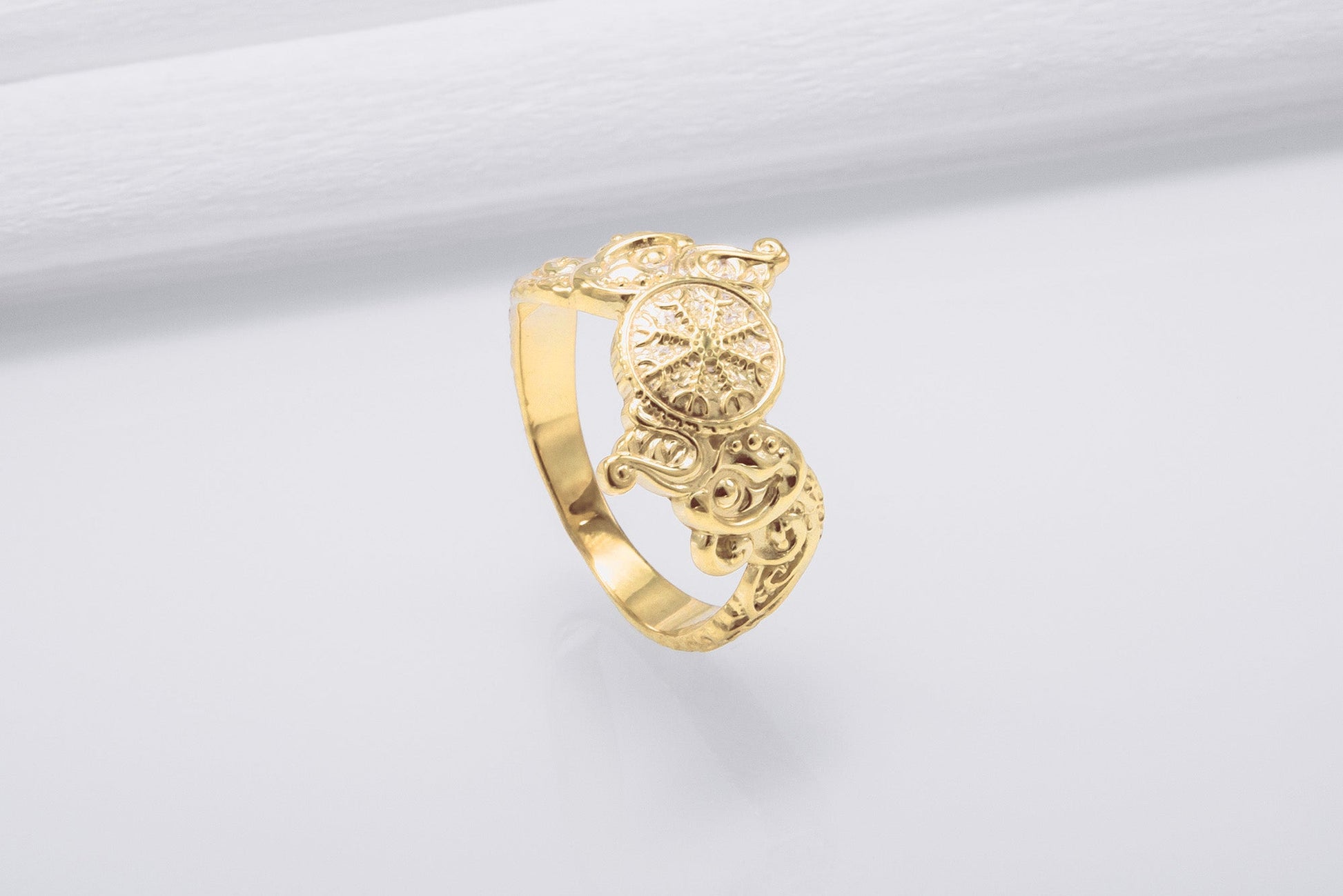 vkngjewelry Ring Handcrafted Helm of Awe Symbol and Wolf Ornament Gold Ring
