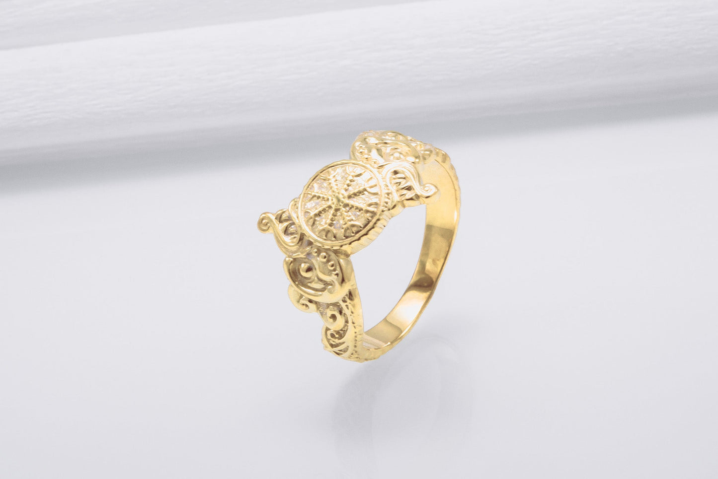 vkngjewelry Ring Handcrafted Helm of Awe Symbol and Wolf Ornament Gold Ring