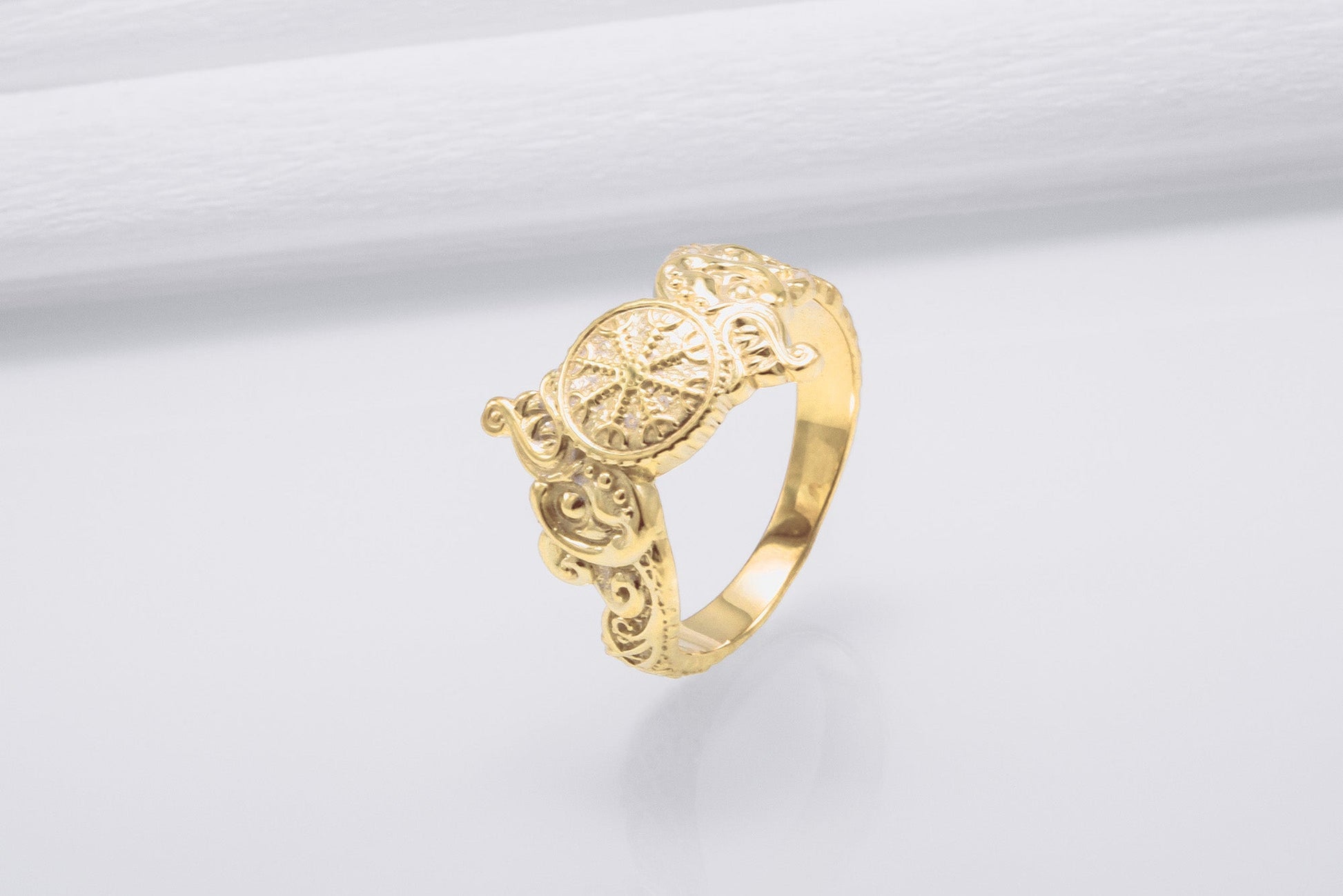 vkngjewelry Ring Handcrafted Helm of Awe Symbol and Wolf Ornament Gold Ring