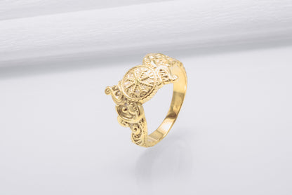 vkngjewelry Ring Handcrafted Helm of Awe Symbol and Wolf Ornament Gold Ring