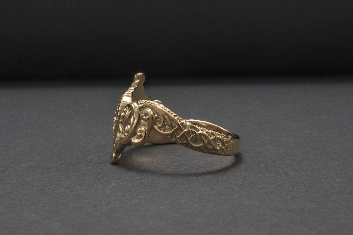 vkngjewelry Ring Handcrafted Helm of Awe Symbol and Wolf Ornament Gold Ring