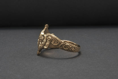 vkngjewelry Ring Handcrafted Helm of Awe Symbol and Wolf Ornament Gold Ring