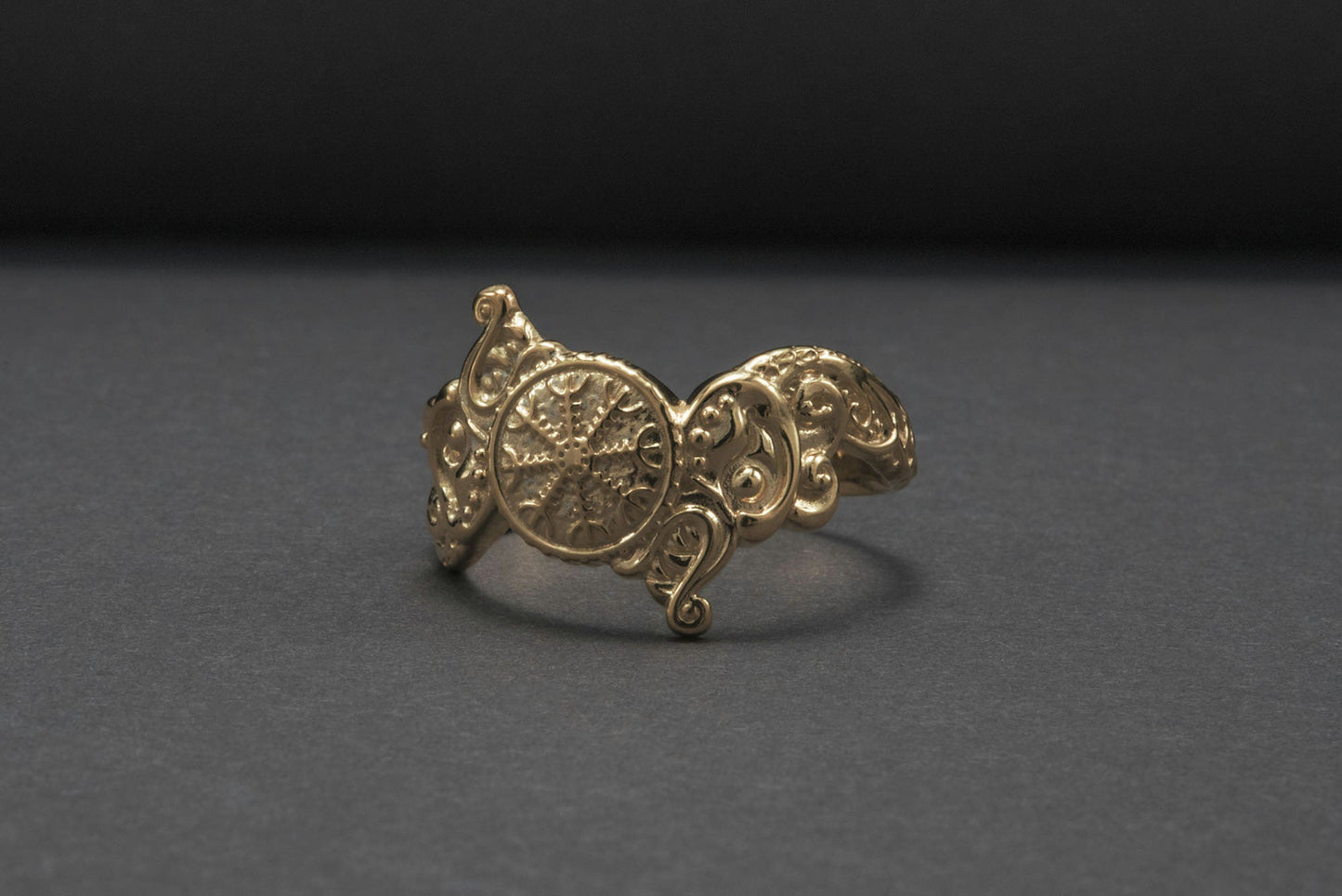 vkngjewelry Ring Handcrafted Helm of Awe Symbol and Wolf Ornament Gold Ring