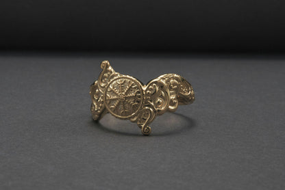 vkngjewelry Ring Handcrafted Helm of Awe Symbol and Wolf Ornament Gold Ring