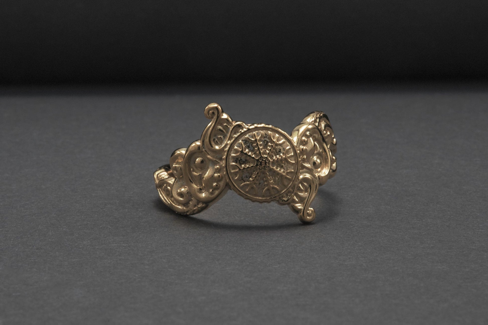 vkngjewelry Ring Handcrafted Helm of Awe Symbol and Wolf Ornament Gold Ring