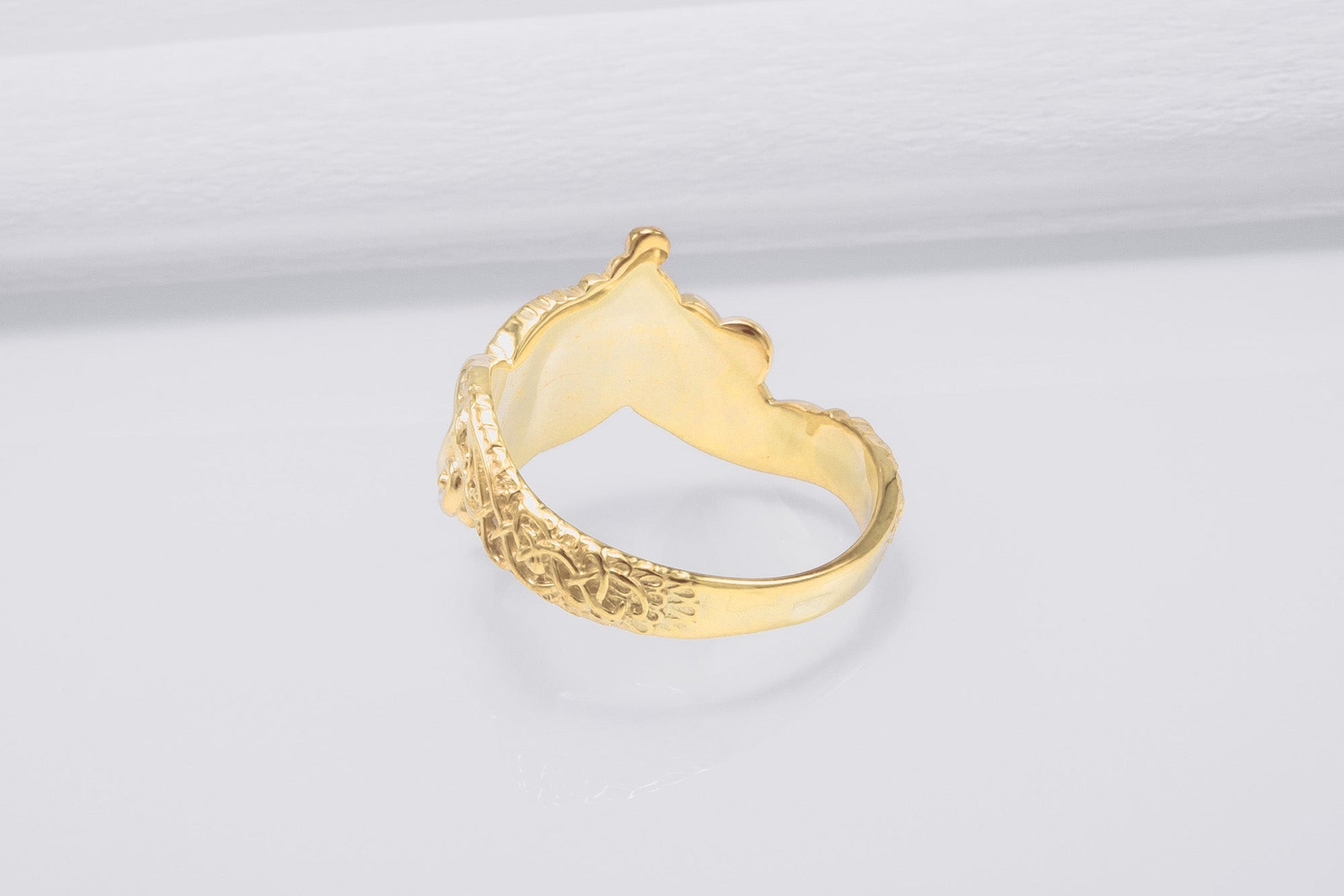 vkngjewelry Ring Handcrafted Helm of Awe Symbol and Wolf Ornament Gold Ring