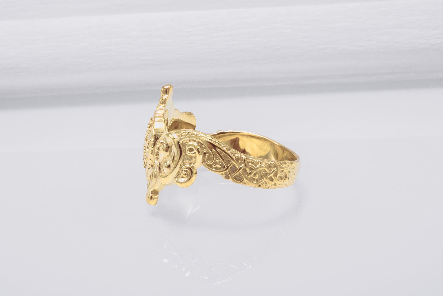 vkngjewelry Ring Handcrafted Helm of Awe Symbol and Wolf Ornament Gold Ring