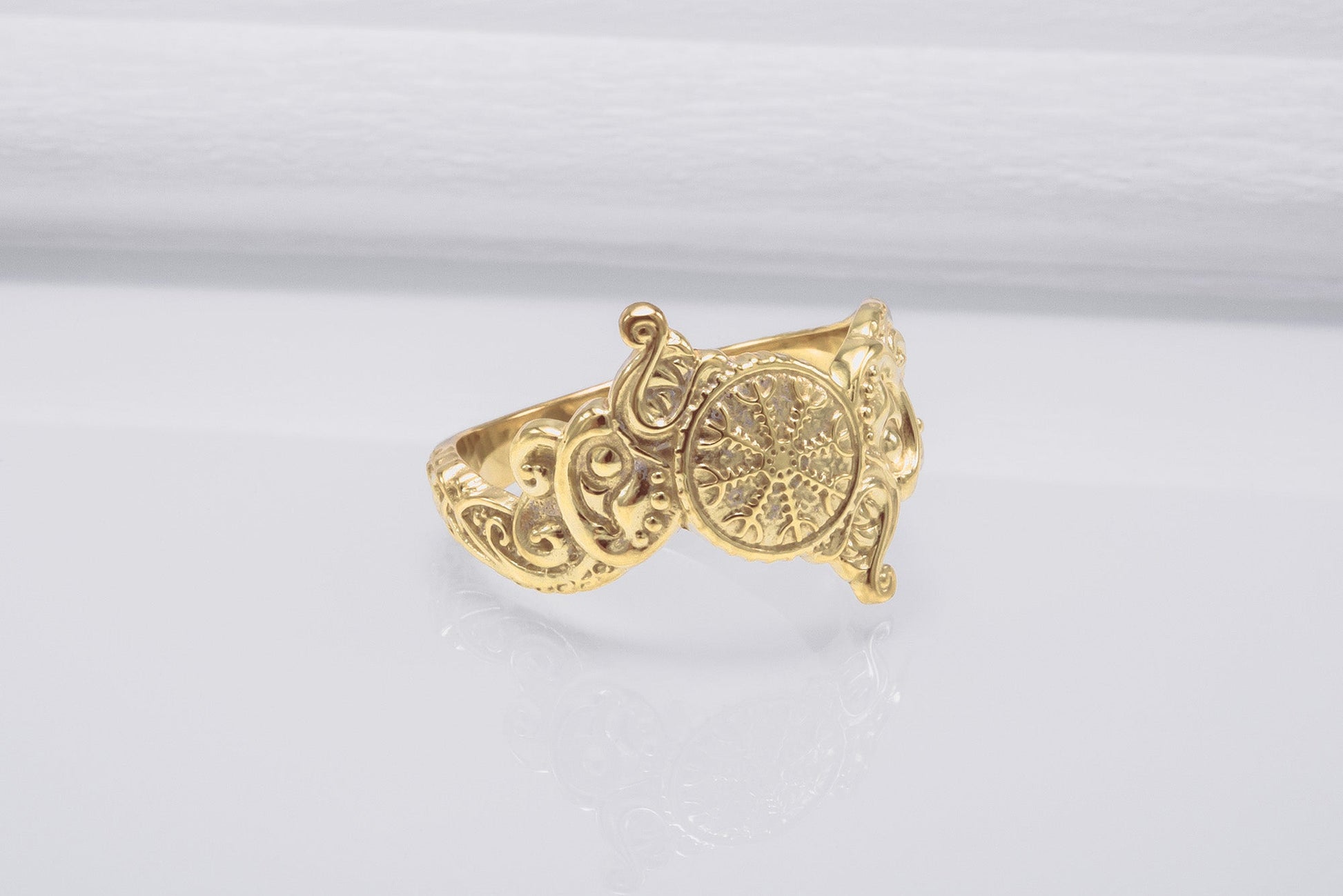 vkngjewelry Ring Handcrafted Helm of Awe Symbol and Wolf Ornament Gold Ring