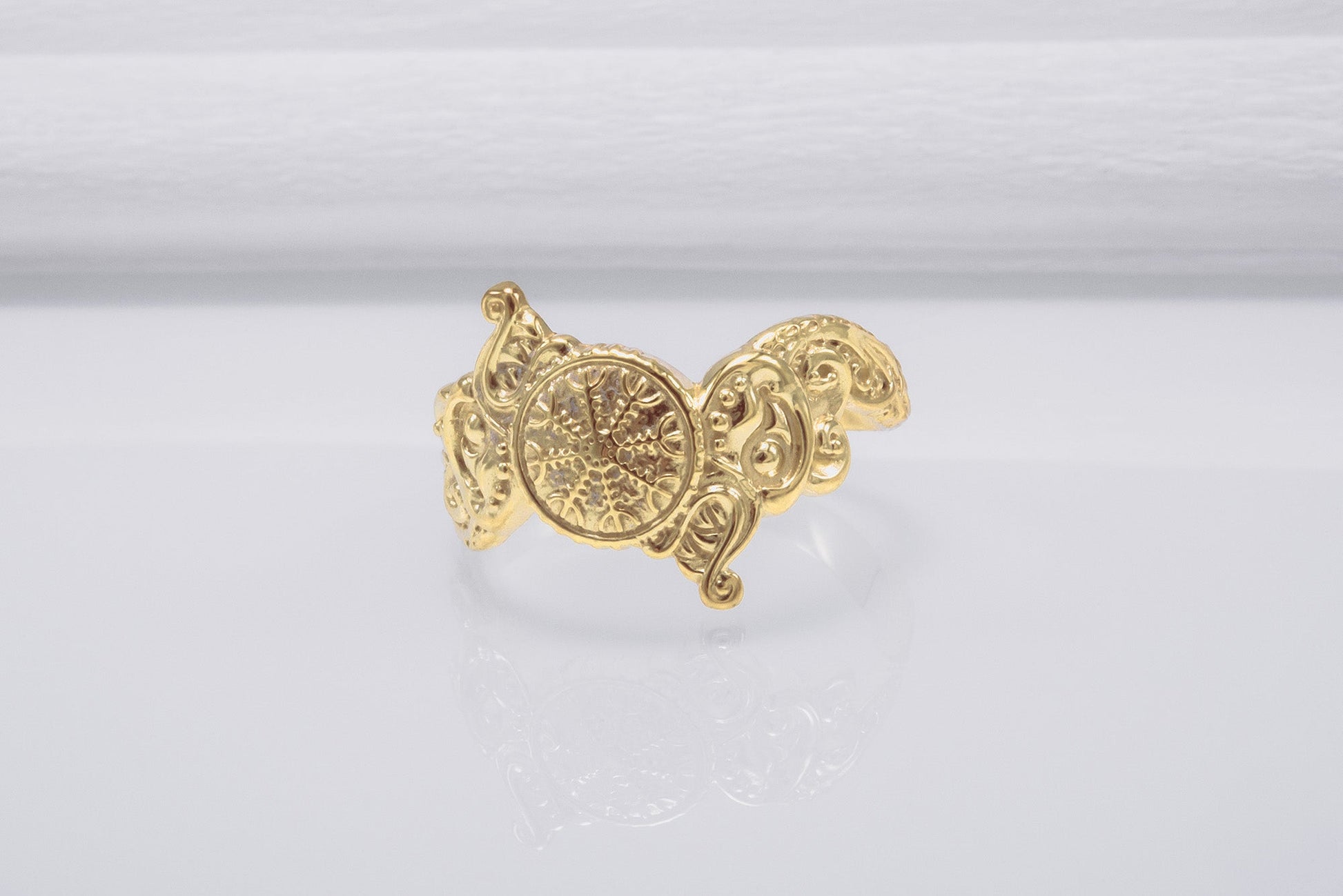 vkngjewelry Ring Handcrafted Helm of Awe Symbol and Wolf Ornament Gold Ring