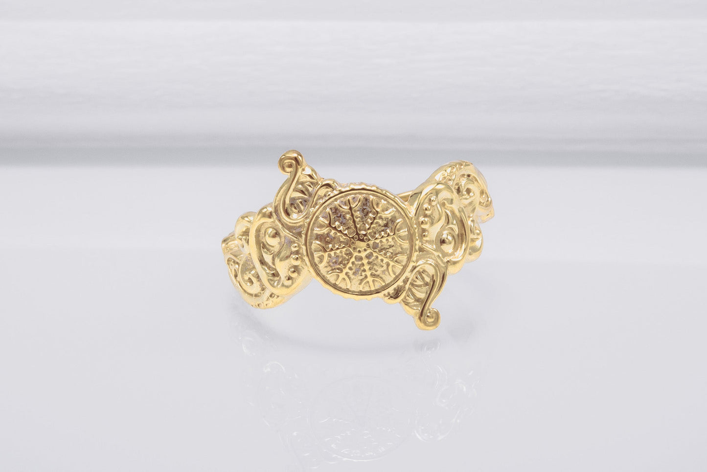 vkngjewelry Ring Handcrafted Helm of Awe Symbol and Wolf Ornament Gold Ring