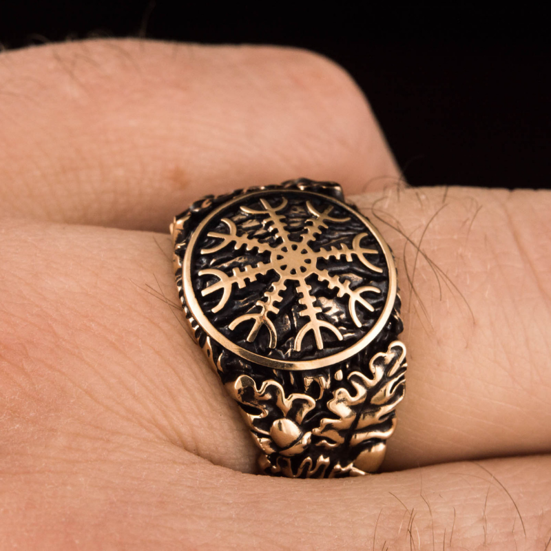 vkngjewelry Bagues Helm of Awe Symbol Oak Leaves and Acorns Bronze Ring