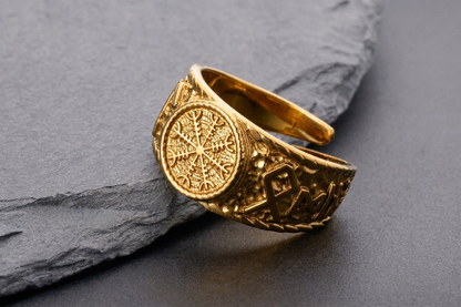 vkngjewelry Ring Handcrafted Helm Of Awe Symbol Odin Runes Gold Ring