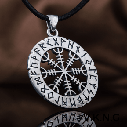 vkngjewelry Pendant Helm of Awe Symbol with Elder Futhark Runes Sterling Silver