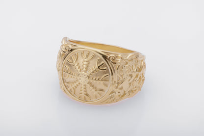 vkngjewelry Ring Handcrafted Helm of Awe with Mammen Ornament Gold Ring