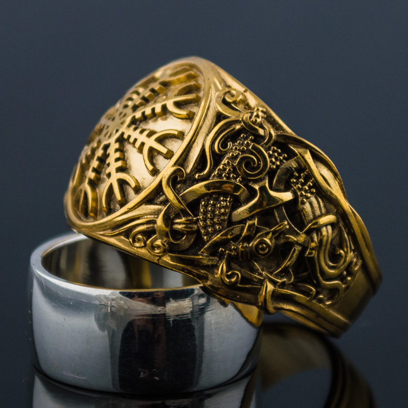 vkngjewelry Bagues Helm of Awe with Mammen Ornament Gold Ring