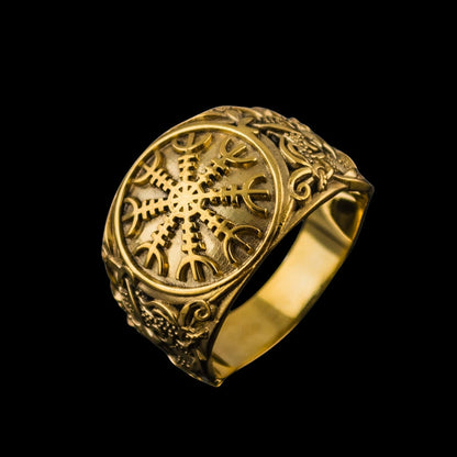 vkngjewelry Bagues Handcrafted Helm of Awe with Mammen Ornament Gold Ring