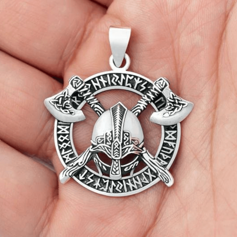 vkngjewelry Pendant Helmet and Axes with Runes 925 STERLING SILVER PENDANT