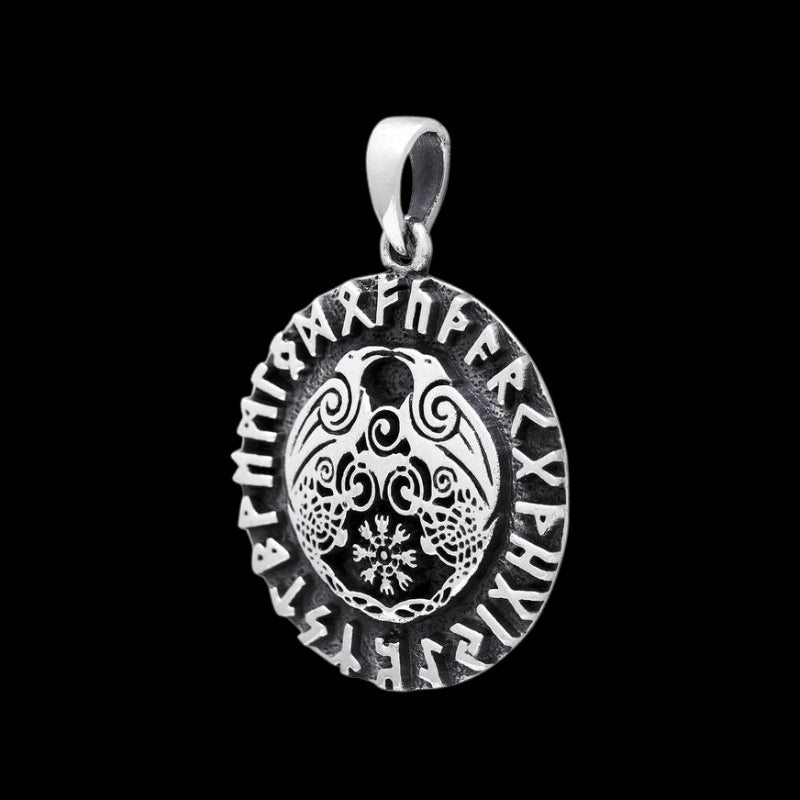 vkngjewelry Pendant Huginn and Muninn Raven Helm of Awe Runes  925 STERLING SILVER PENDANT
