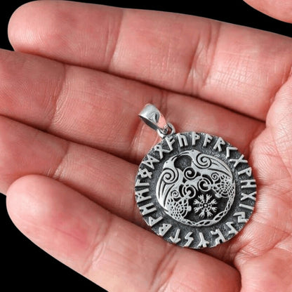 vkngjewelry Pendant Huginn and Muninn Raven Helm of Awe Runes  925 STERLING SILVER PENDANT
