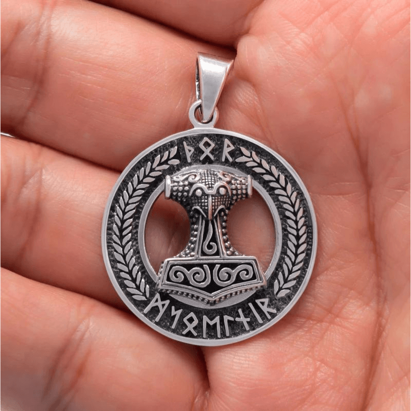vkngjewelry Pendant Mjölnir With Norse Runes Script Sterling Silver Pendant
