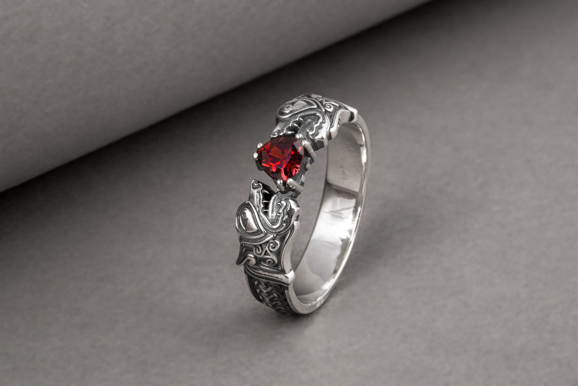 vkngjewelry Ring Handcrafted Norse Wolf Fenrir Red Gem Sterling Silver Ring