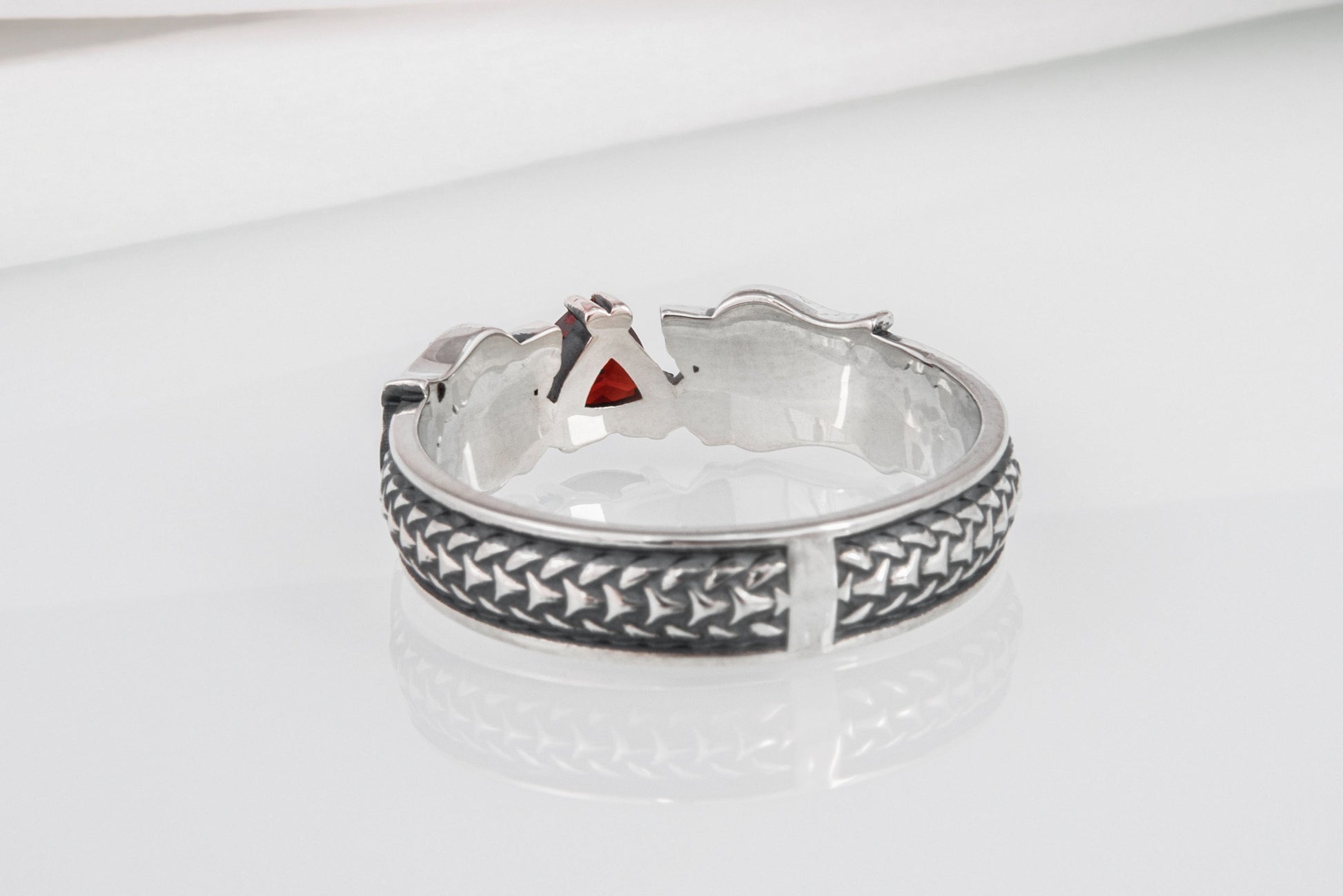 vkngjewelry Ring Handcrafted Norse Wolf Fenrir Red Gem Sterling Silver Ring