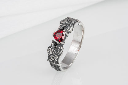 vkngjewelry Ring Handcrafted Norse Wolf Fenrir Red Gem Sterling Silver Ring