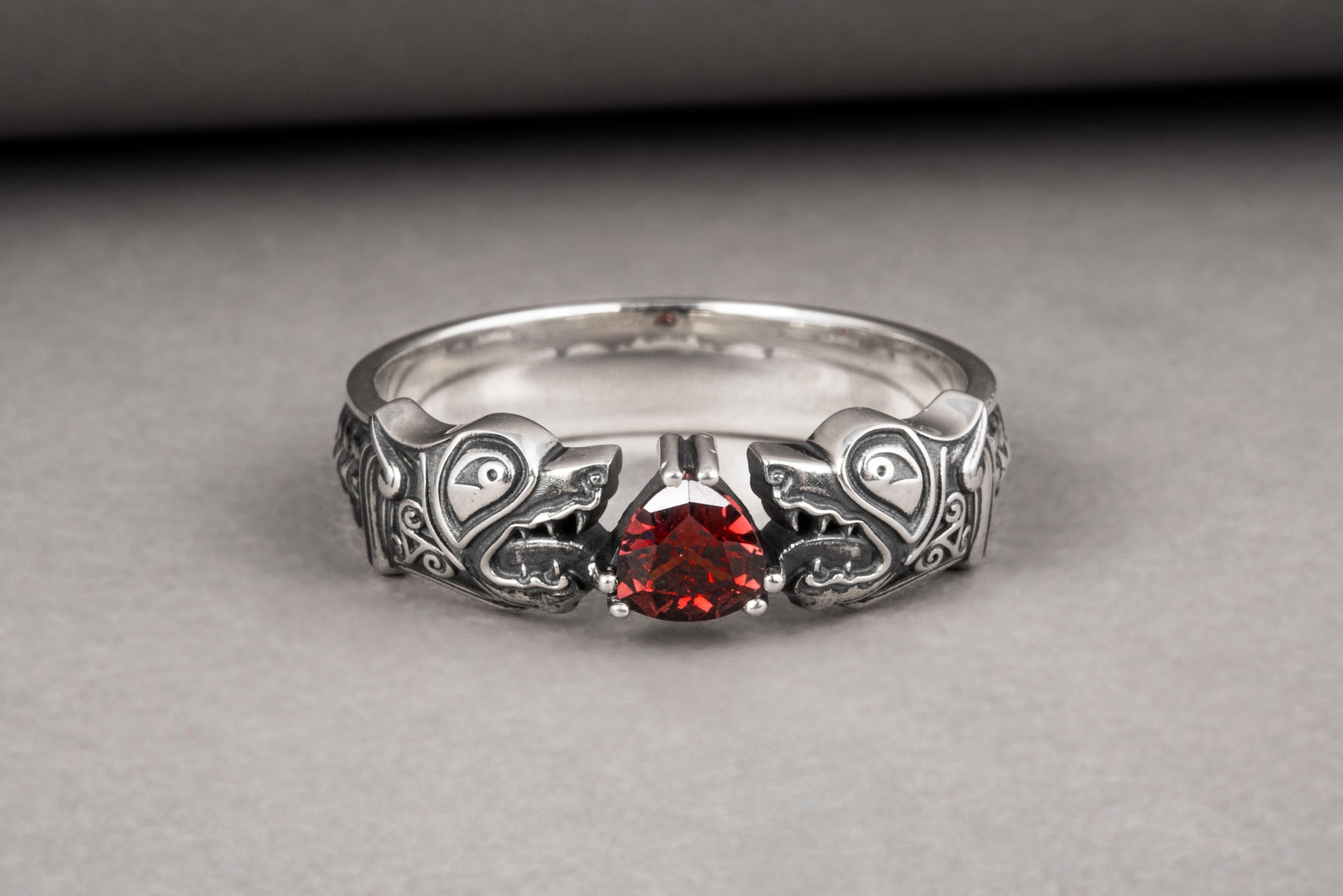 vkngjewelry Ring Handcrafted Norse Wolf Fenrir Red Gem Sterling Silver Ring
