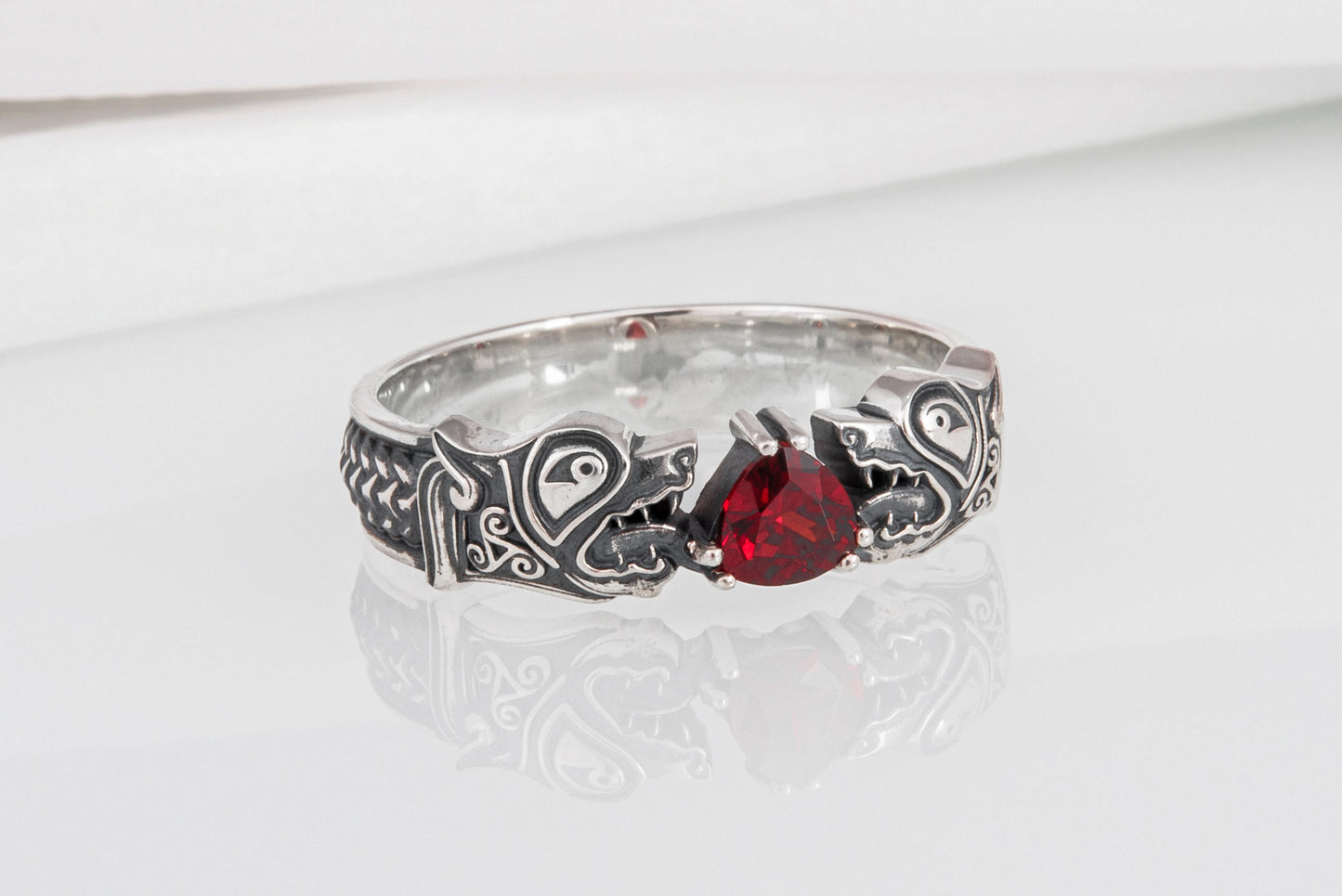 vkngjewelry Ring Handcrafted Norse Wolf Fenrir Red Gem Sterling Silver Ring