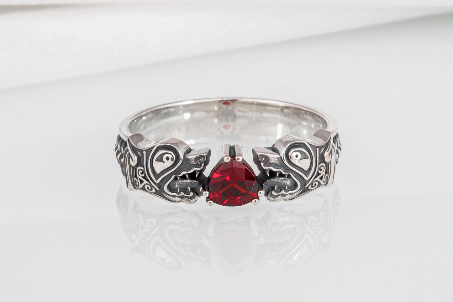vkngjewelry Ring Handcrafted Norse Wolf Fenrir Red Gem Sterling Silver Ring